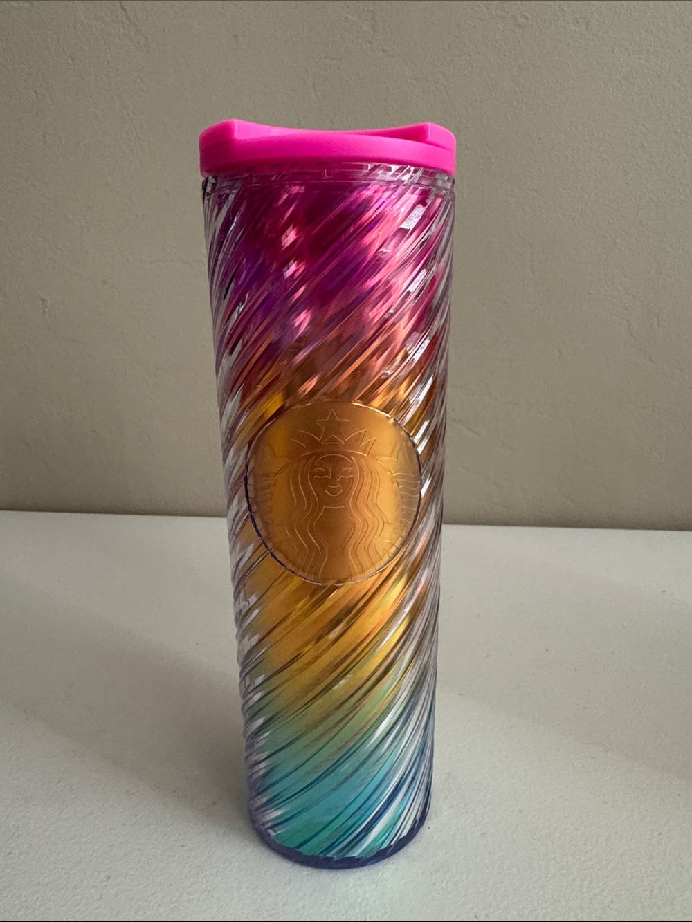 Starbucks Pink and Rainbow Swirl Travel Tumbler with Gold Emblem